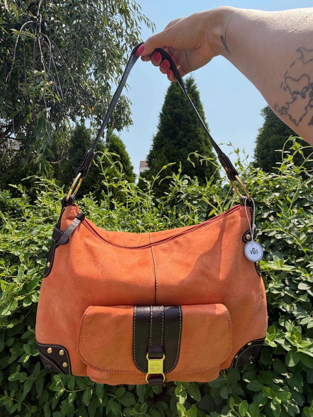 The Sak Orange Suede Shoulder Bag with Dark Brown Trim